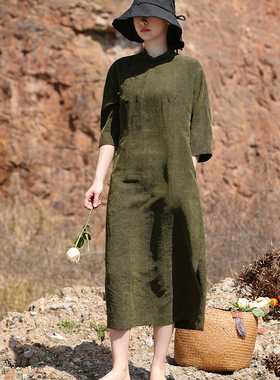 东方豆蔻新款春夏秋香绿香云纱真丝禅意连衣裙圆领旗袍82291