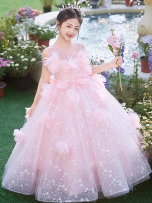 女大童主持人高端气质礼服粉色小女孩生日绝美大码公主裙钢琴演奏