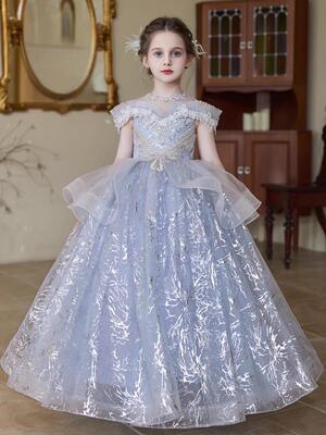 儿童一字肩绝美气质蓬蓬裙初中生高级感礼服主持人钢琴生日公主裙