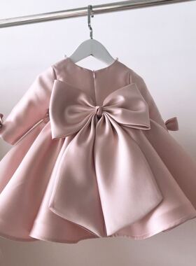 女宝宝周岁红色公主裙长袖连衣裙女童礼服小主持人钢琴比赛表演服