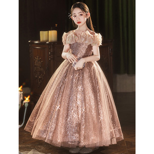 女大童高定礼服一字肩公主裙小女孩大码微胖亮片重工钢琴主持长裙