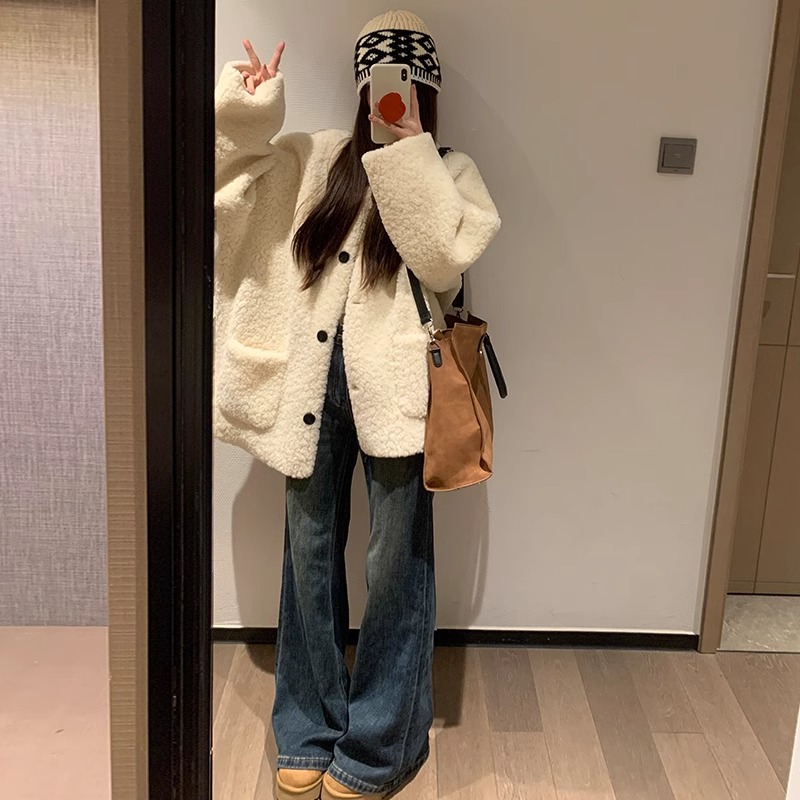 韩版时尚慵懒风仿羊羔毛外套女秋冬新款宽松皮毛一体羔绒上衣2024