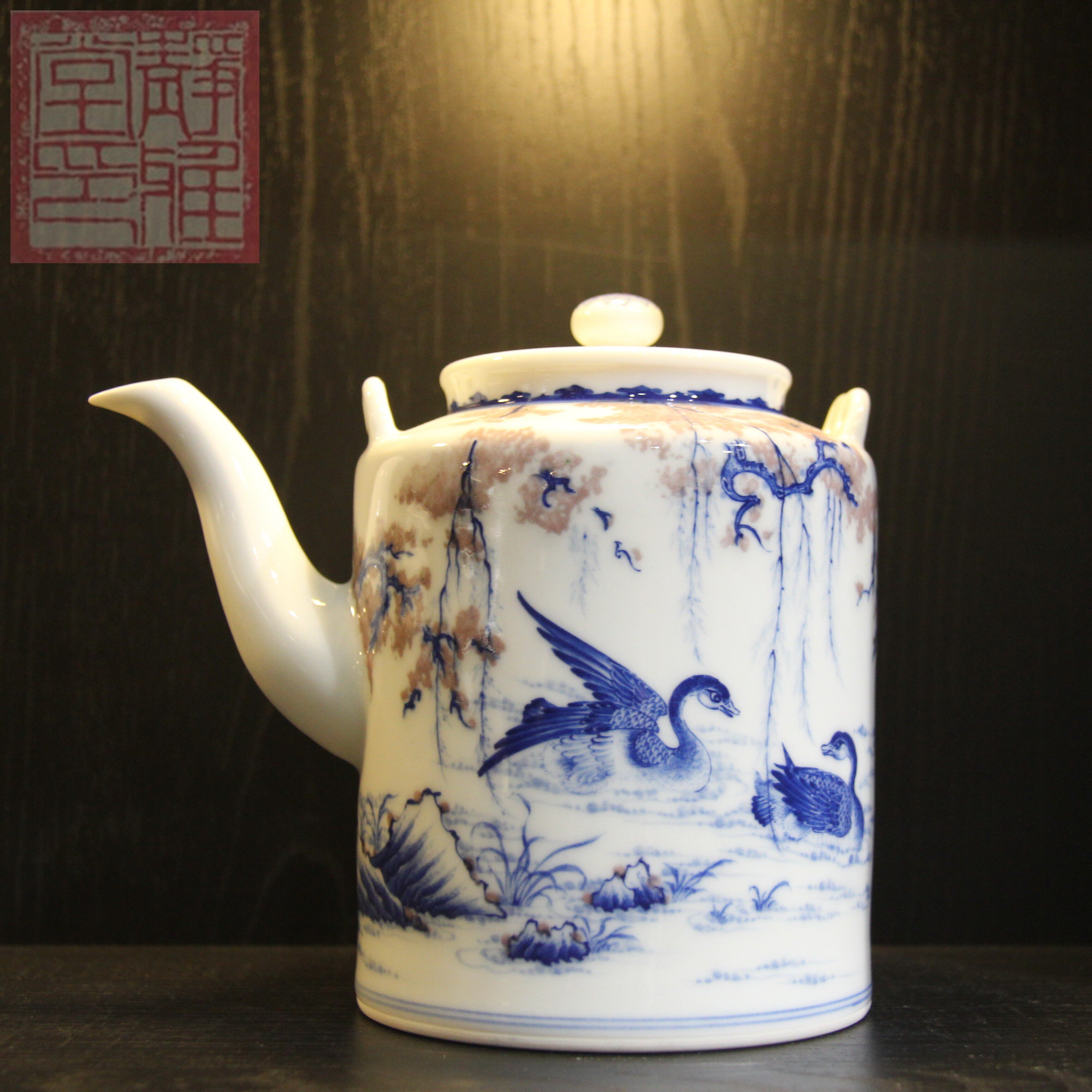 『静雅堂』景德镇小雅青花壶阮定荣鸳鸯青花釉里红提梁手工大茶壶