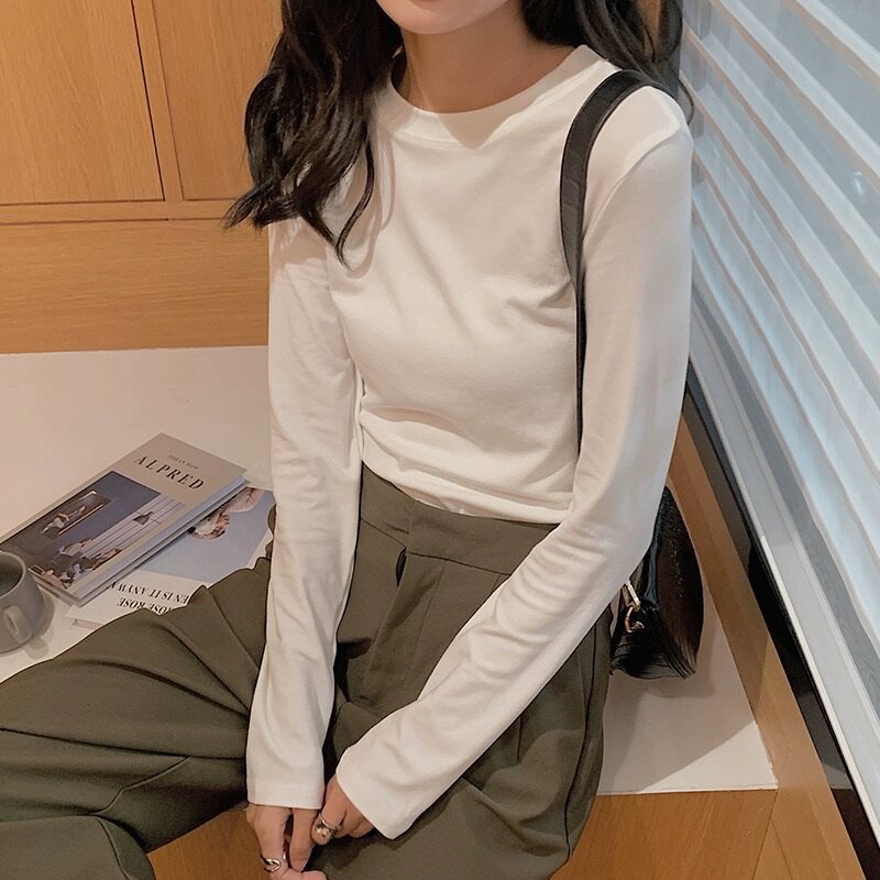 白色长袖t恤女2026春秋新款纯色弹力修身内搭上衣圆领显瘦打底衫