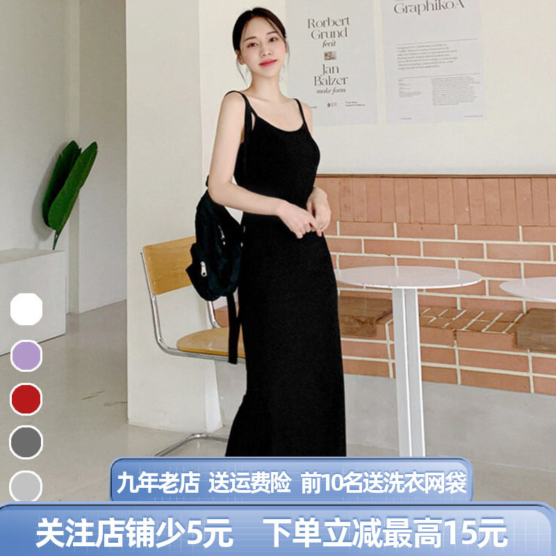 莫代尔带胸垫黑色吊带裙显瘦过膝图片