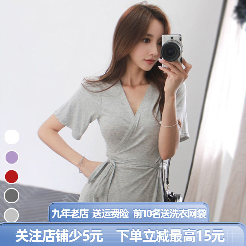 一片式裹身绑带连衣裙莫代尔显瘦性感收腰v领高级感长裙御姐气质