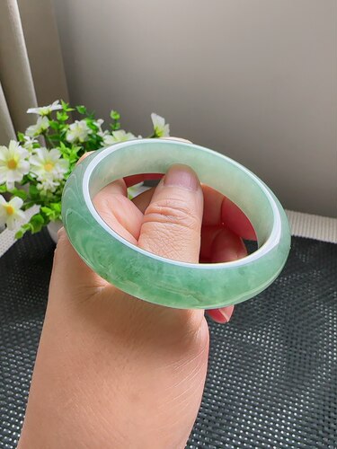 天然翡翠缅甸A货57圈冰糯种水润半山水宽边手镯尺寸56.6*14*7.9mm