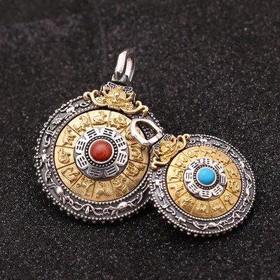 s925纯银新款九宫八卦双面转动吊坠十二生肖男女太角项链挂件包邮