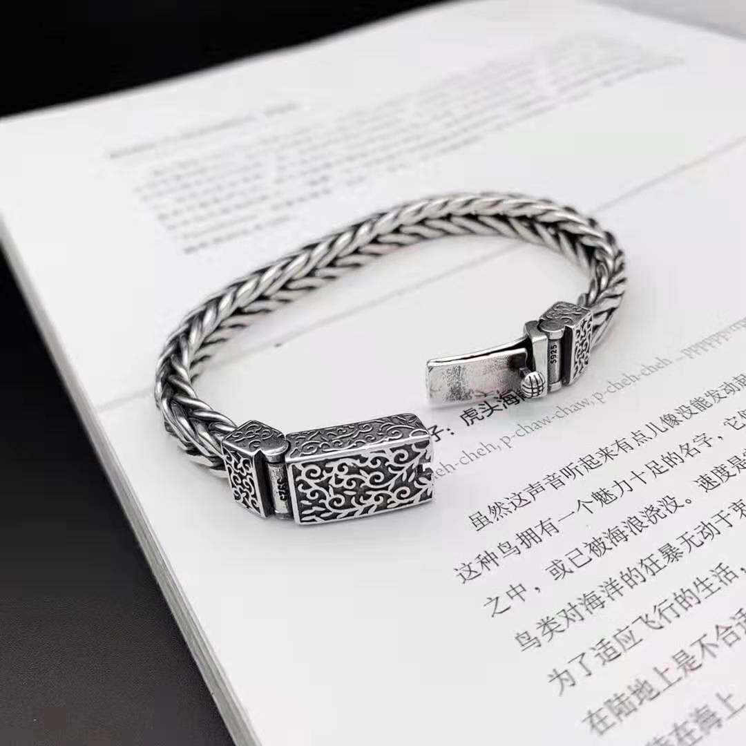 S925纯银复古泰银饰品时尚潮流花纹手工编织手链潮男配饰手环包邮