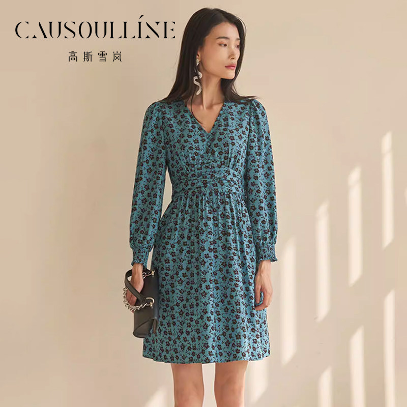 【商场同款】高斯雪岚蓝色印花长袖雪纺连衣裙女中年妈妈碎花裙子