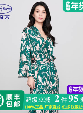 安莉芳专柜新品长袖v领印花夏季薄款睡衣女士家居服睡袍ELW0792