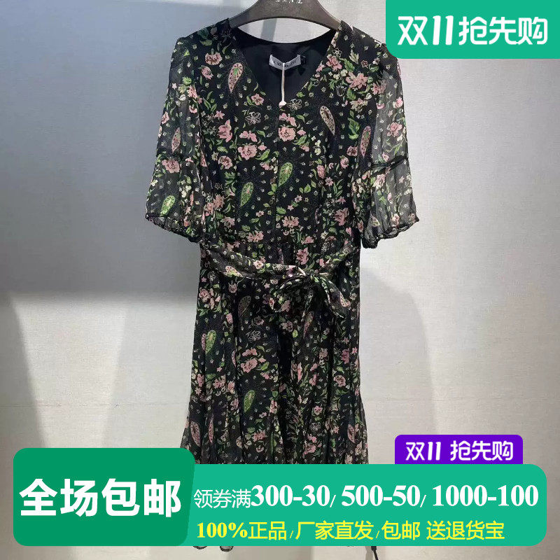 高斯雪岚黑底碎花裙女妈妈雪纺裙