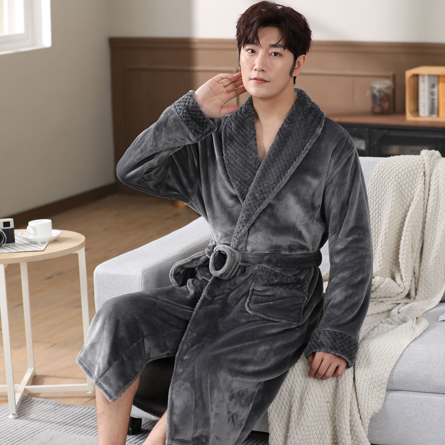 【源头工厂】加绒加厚法兰绒睡袍男中长款保暖居家休闲纯色浴袍冬