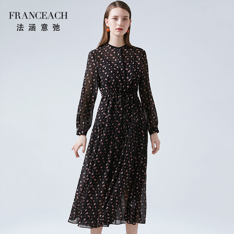 法涵意弛黑色印花桑蚕丝连衣裙收腰修身中年妈妈长袖真丝碎花裙子