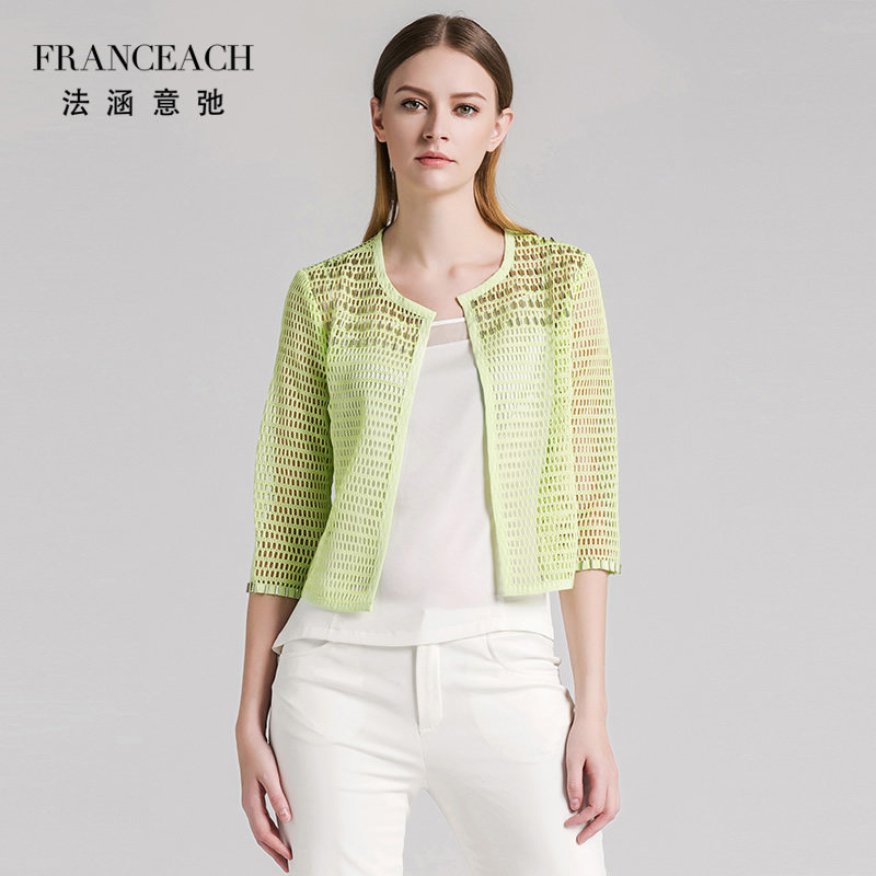 法涵意弛纯色简约五分袖中袖镂空外搭开衫短外套女透视空调衫罩衫