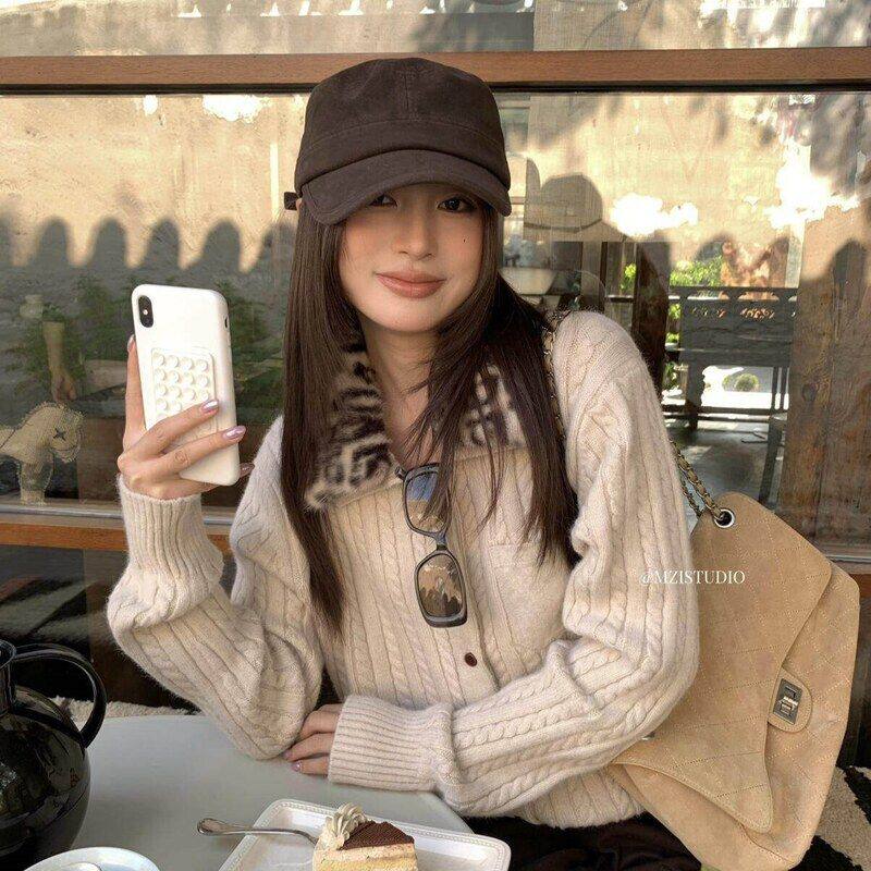 MZI STUDIO秋冬复古绞花口袋豹纹翻领拼接纽扣开衫保暖毛衣A80386