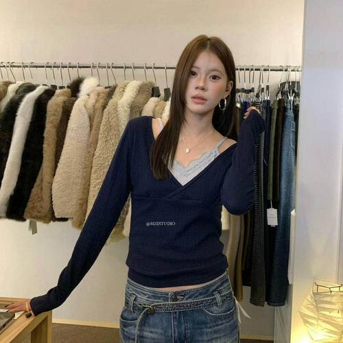 MZI STUDIO秋冬甜美温柔风蕾丝花边百搭显瘦假两件长袖T恤女13662