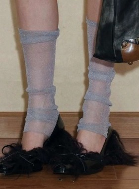 y2kslut跨境ins小众高级感时髦珠光银丝透视小腿袜薄款袜子袜套女