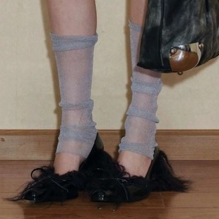 y2kslut跨境ins小众高级感时髦珠光银丝透视小腿袜薄款 袜子袜套女