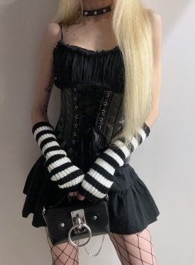 Y2kslut欧美ins个性小众朋克百搭黑白条纹针织保暖袖套手臂套女