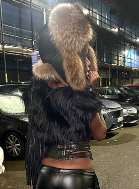 Y2kslut外贸欧美ins秋冬保暖仿皮草个性时髦夸张凹造型pu雷锋帽