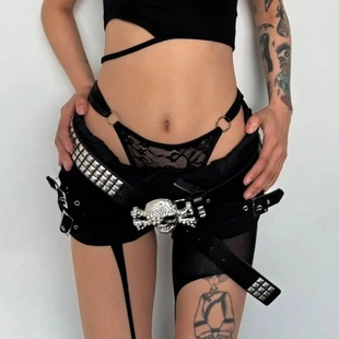 跨境ins外贸小众y2k亚文化哥特朋克摇滚骷髅镶钻四方珠情侣款 腰带