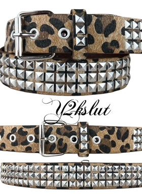 y2kslut欧美ins朋克辣妹摇滚个性四方珠金字塔铆钉豹纹皮带腰带