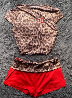 y2kslut 2000s Jersey Leopard Top With Pants Two-Piece Set