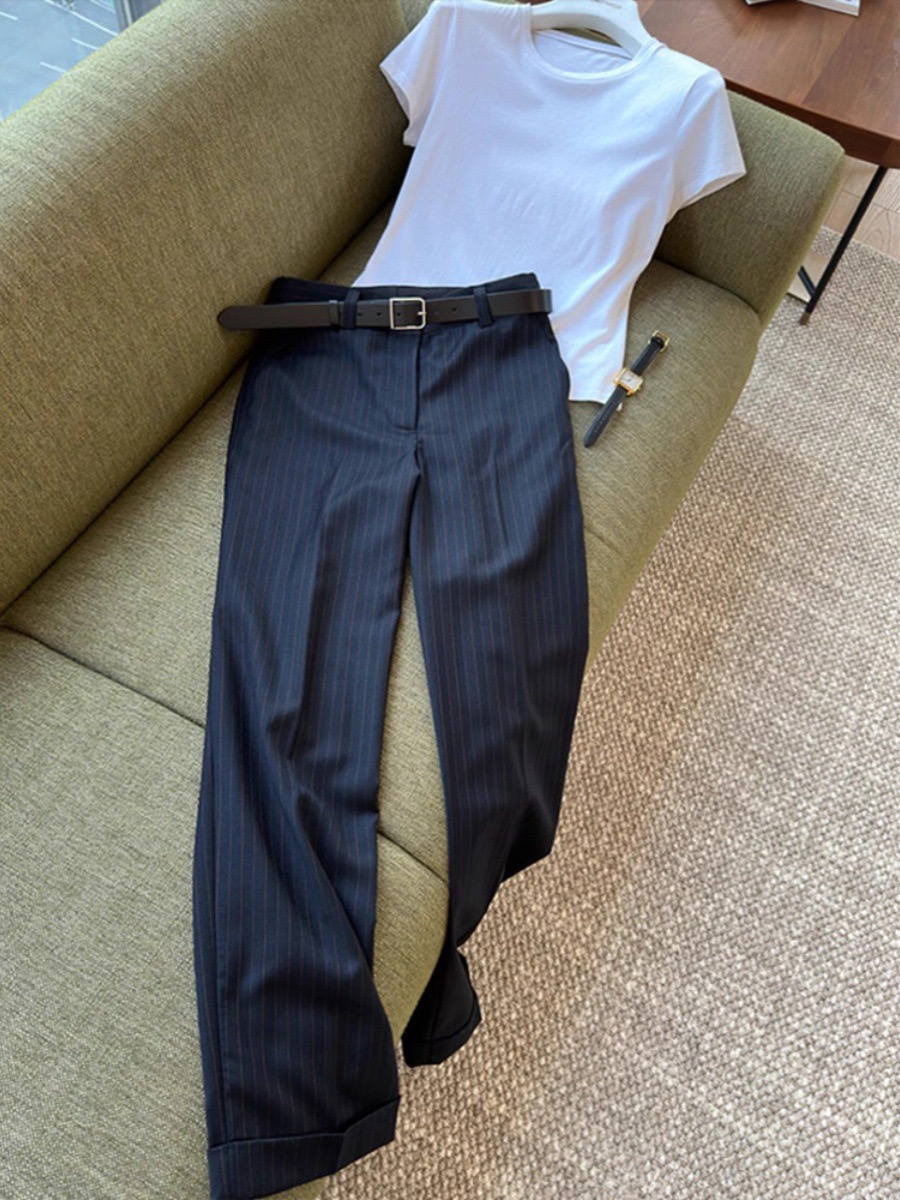 2025秋冬新款时尚韩版条纹西装裤女高腰显瘦百搭直筒阔腿长裤子潮