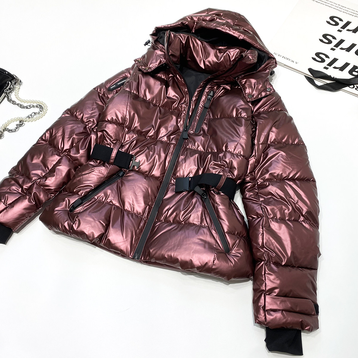 高街大牌风滑雪羽绒棉棉服腰带收腰金属光泽红色亮面连帽棉衣外套