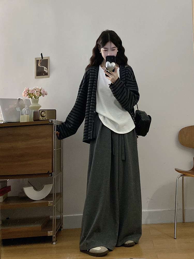 2026大码女装秋季慵懒风美式撞色条纹长袖内搭背心+休闲长裤套装