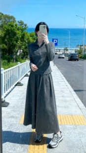 立领短款 拉链外套高腰长裙两件套 裙女春秋季 韩系休闲灰色套装