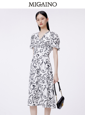 Migaino曼娅奴印花连衣裙女2024春夏新款气质高级A字裙MO12DA114