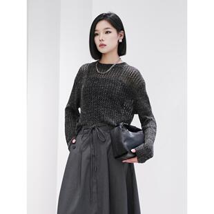 Migaino曼娅奴女装秋季新款高级感镂空宽松灰色套头毛衣MP32KW230