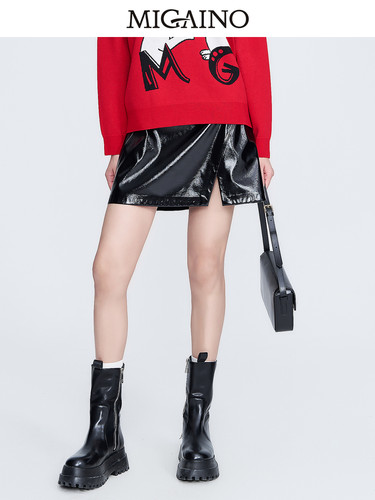 Migaino曼娅奴PU皮半裙女2023春季新款高腰显瘦半身裙MN12EA039