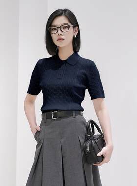 Migaino曼娅奴女装秋季新款polo领休闲百搭设计感绞花短袖针织衫