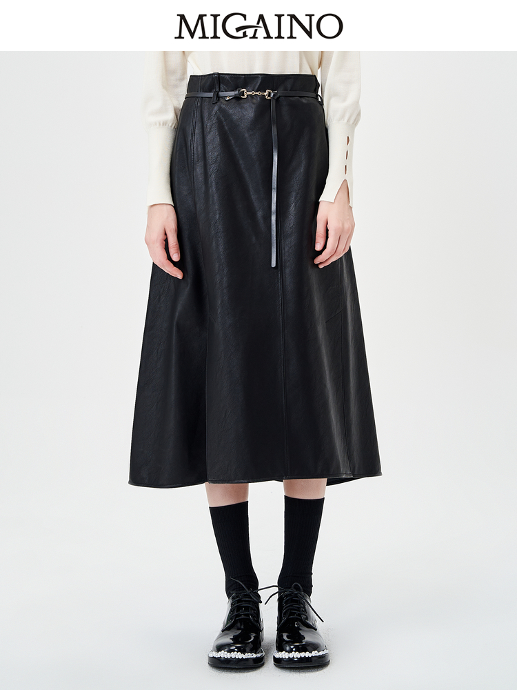 Migaino曼娅奴PU皮裙女中长款2023秋冬新款高腰显瘦A字半身裙