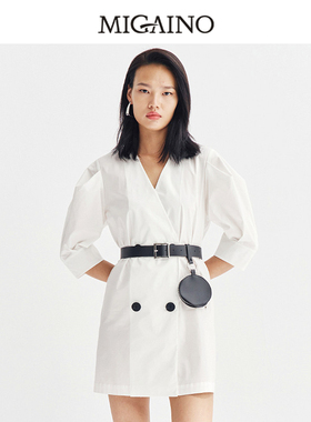 曼娅奴商场同款2021夏季新款OL气质V领束带收腰连衣裙ML22DA145