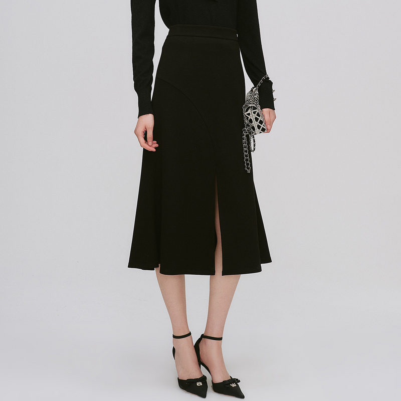 曼娅奴女装2024年秋冬新款高腰显瘦设计感开叉半身裙MO44EC602