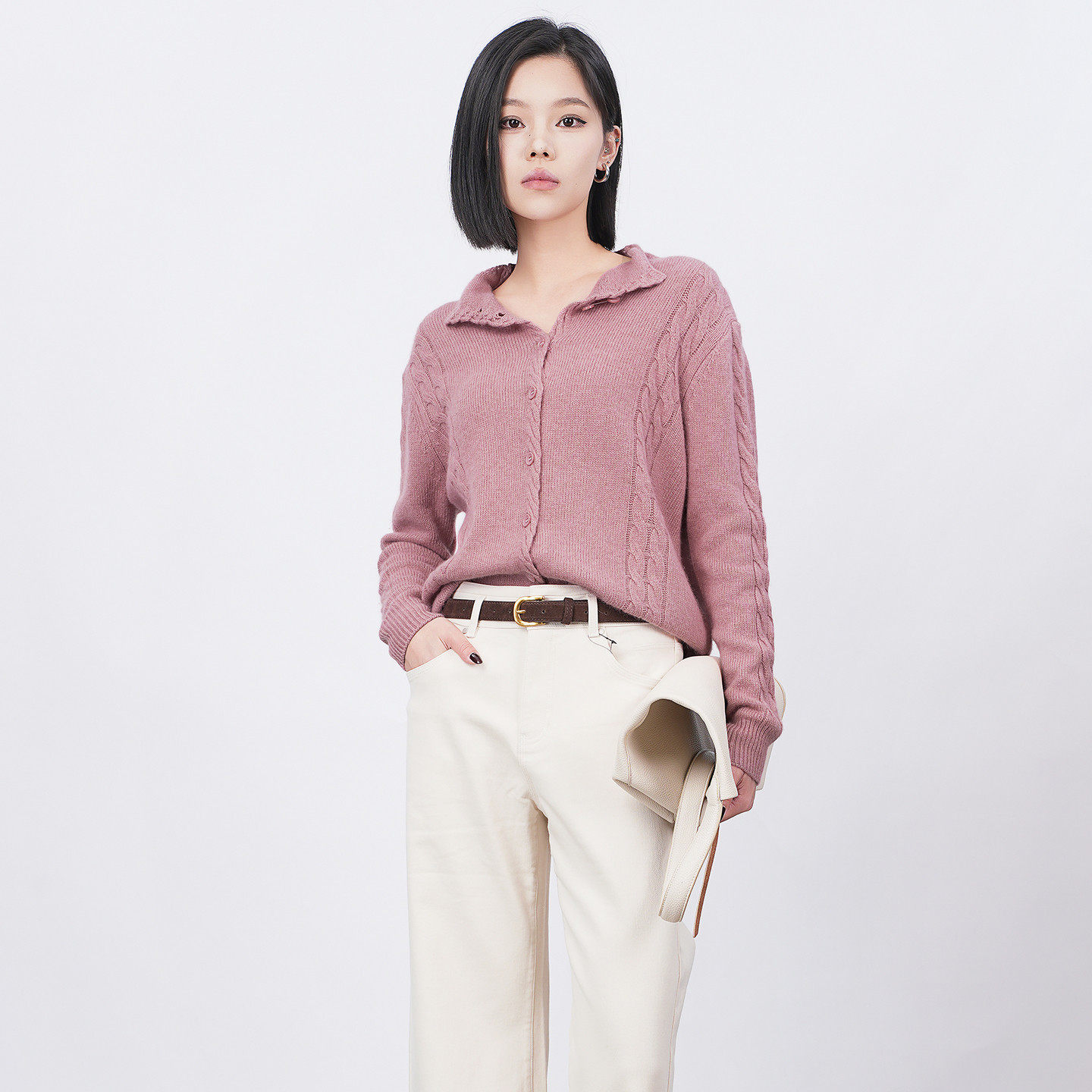 曼娅奴女装春新款学院风韩版减龄宽松麻花编织开衫上衣MQ14JK702