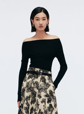 Migaino曼娅奴女装2025年春季新款一字露肩软糯黑色毛衣MP12WH268