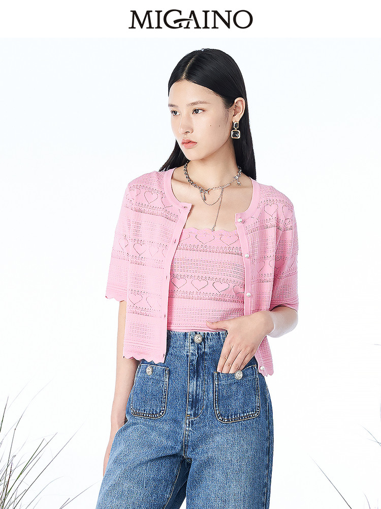 Migaino曼娅奴薄款针织衫套装女2023夏季新款镂空短袖吊带两件套