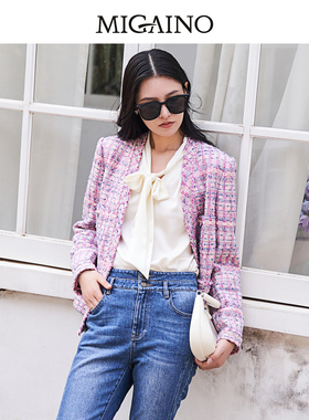 MIGAINO曼娅奴2023早春新款白色蝴蝶结蕾丝边设计衬衫MN12AC015