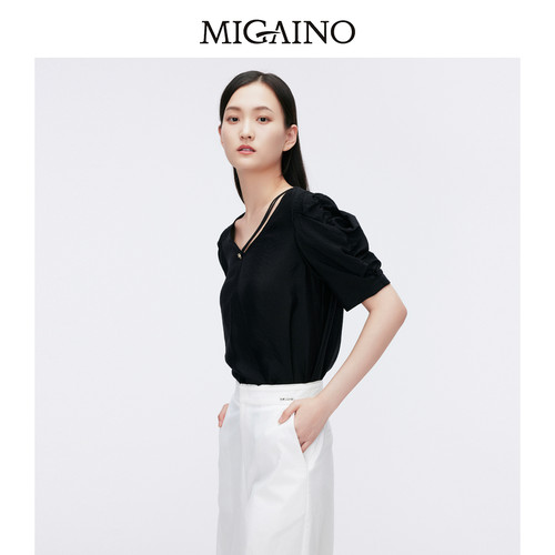 Migaino曼娅奴女装2024年夏新款纯色优雅高级感衬衫上衣MO22AA111
