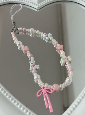 INS合金小狗蝴蝶结粉色高级少女白色串钥匙扣挂链手机链提包挂件