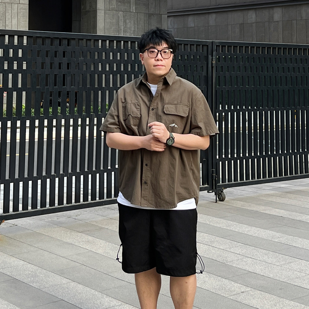 路人社 工装衬衫男短袖夏季新款大码男装微胖上衣宽松百搭硬汉风