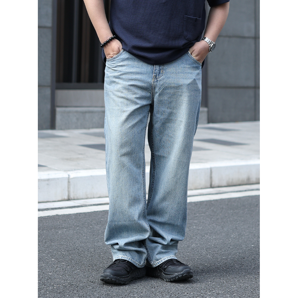 路人社浅色牛仔裤男大码男裤加肥加大微胖男士穿搭高级感潮流通勤