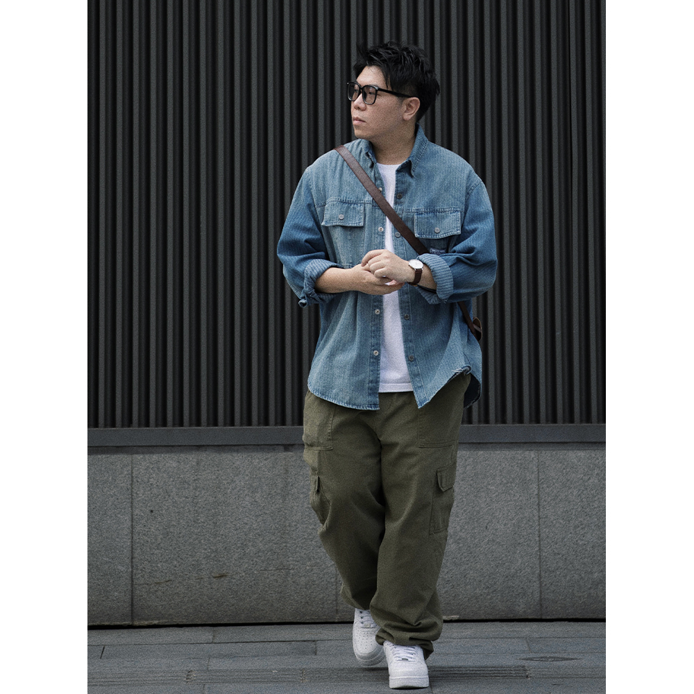 路人社 单宁重磅水洗牛仔衬衫男秋季大码男装美式复古夹克潮长袖