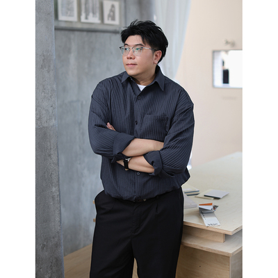 路人社商务通勤衬衫男长袖秋冬大码男装条纹蓝色衬衣老钱风松弛感