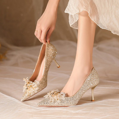 绝美高级感金色水晶高跟鞋婚鞋女2024新款禾秀婚纱两穿
